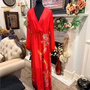 Red Floral Wrap-Style Maxi Dress for Women